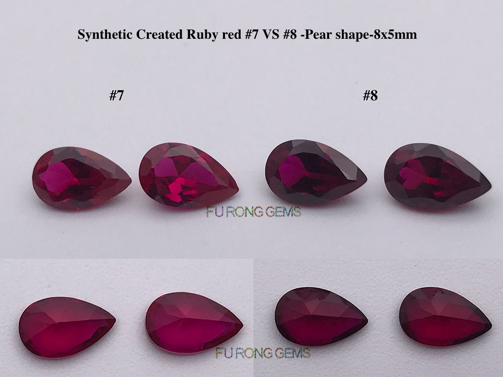 Synthetic-Ruby-7#-VS-Ruby-8#-Color-Comparision-Pear-8x5mm-gemstones