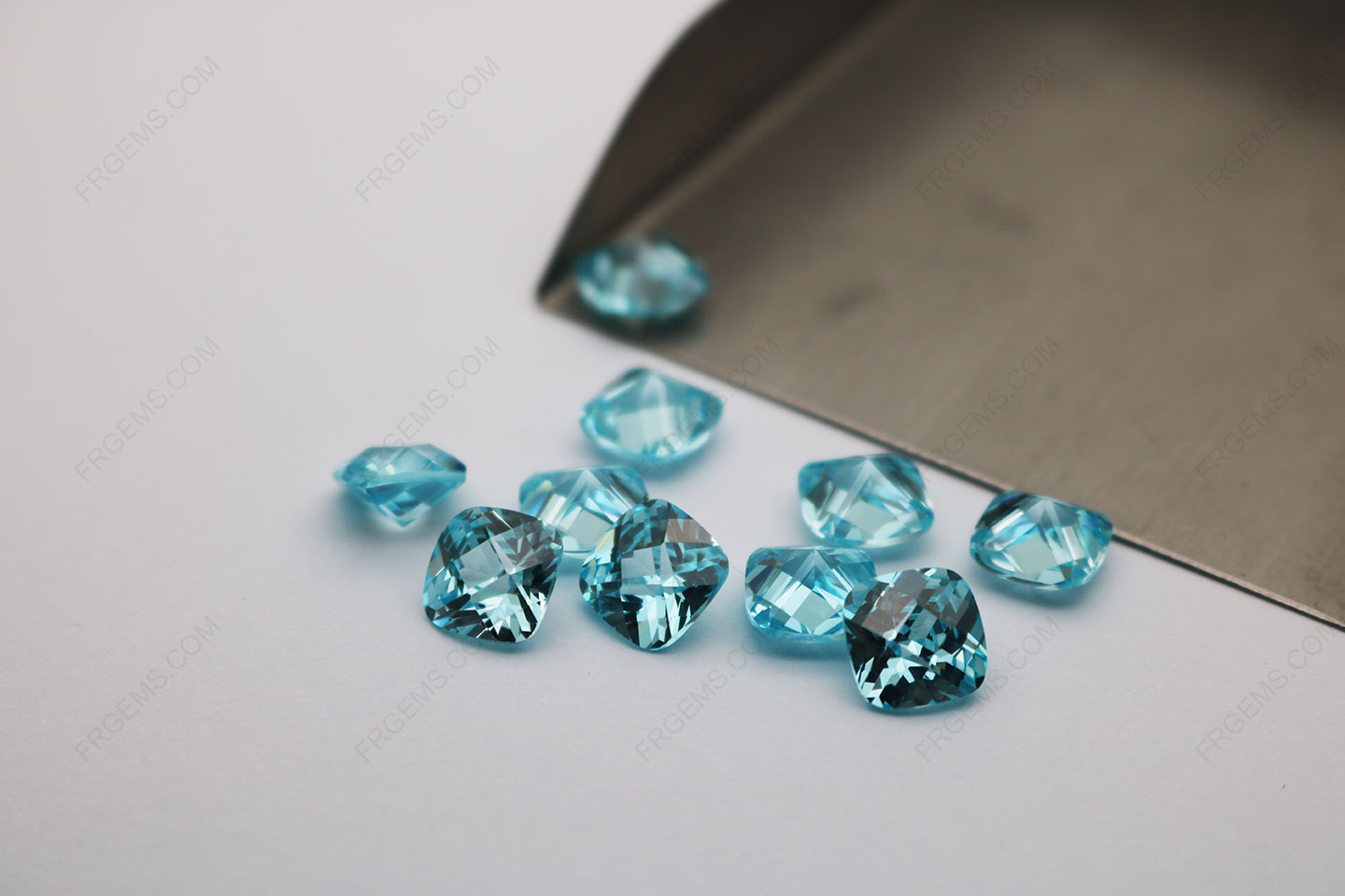 Cubic Zirconia Light Aquamarine Color Cushion Shape Checkerboard Top with regular culet 8x8mm gemstones CZ37 IMG_5760